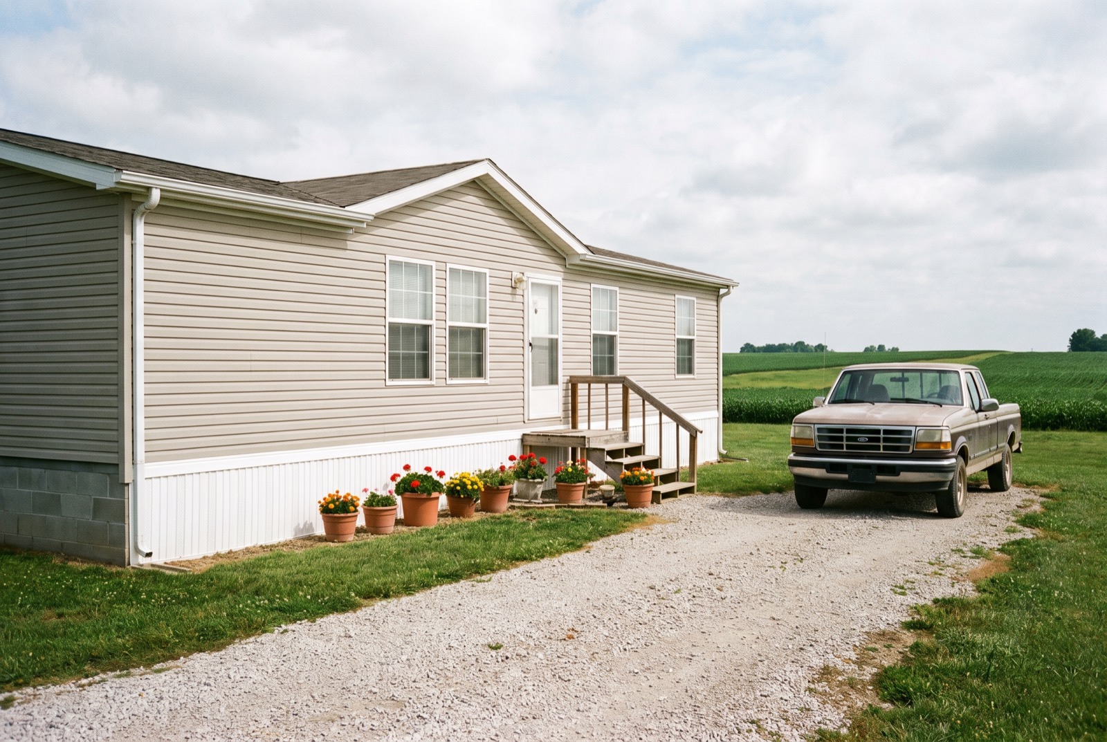 A manufactured home on a permanent foundation on a rural lot