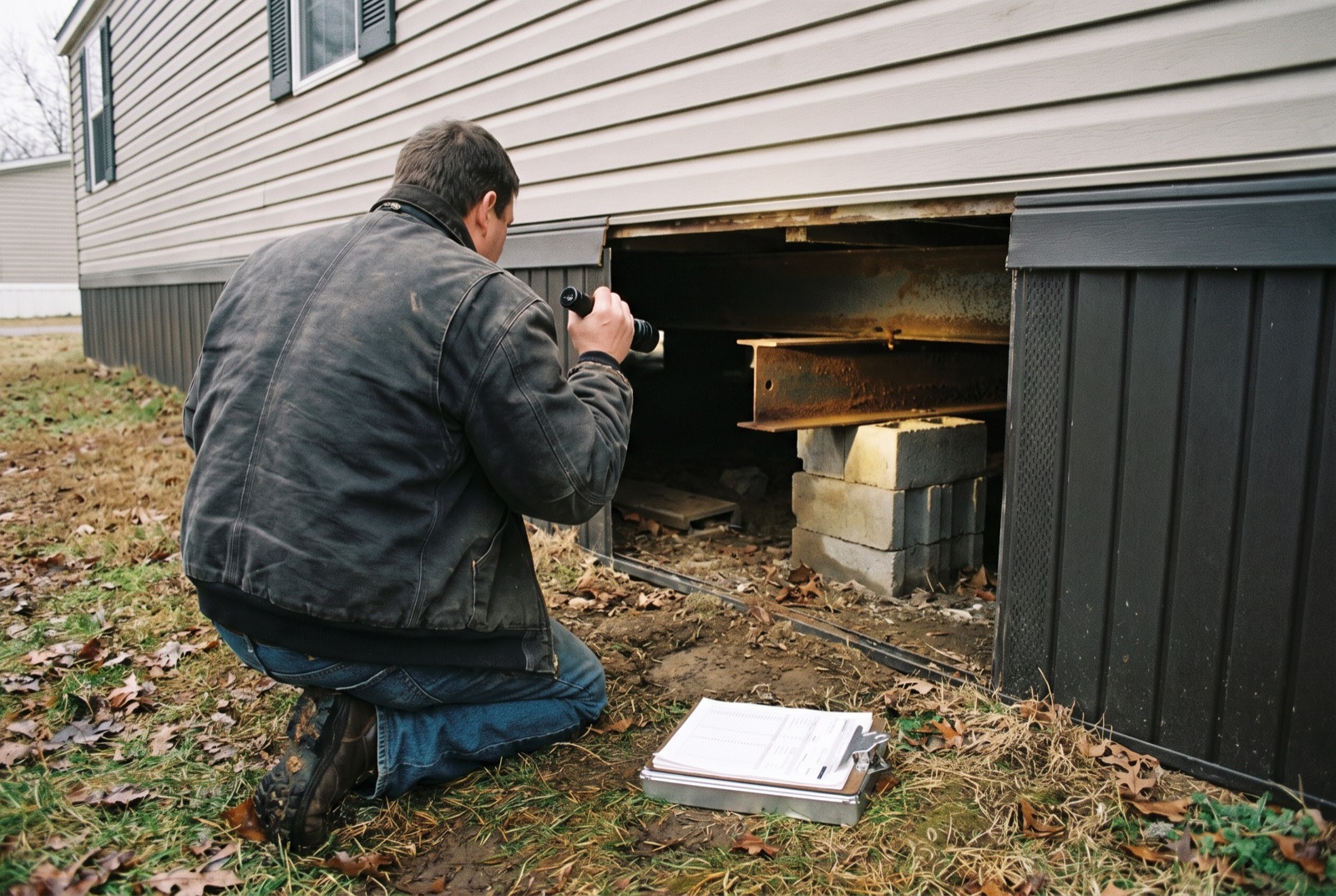 An engineer with a flashlight looking under a manufactured home where the skirting is removed
