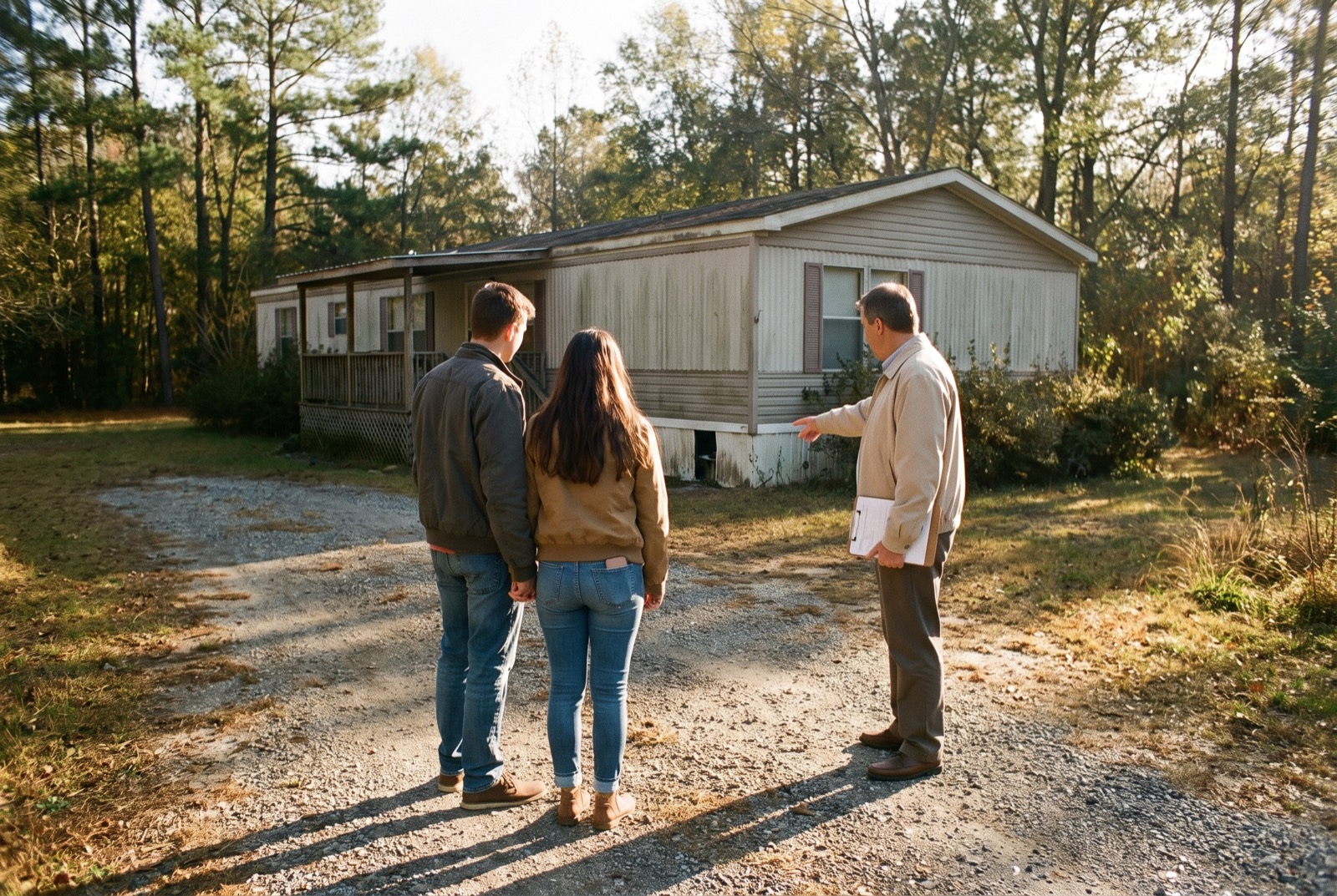 Buyers and an inspector looking at a manufactured home from the driveway